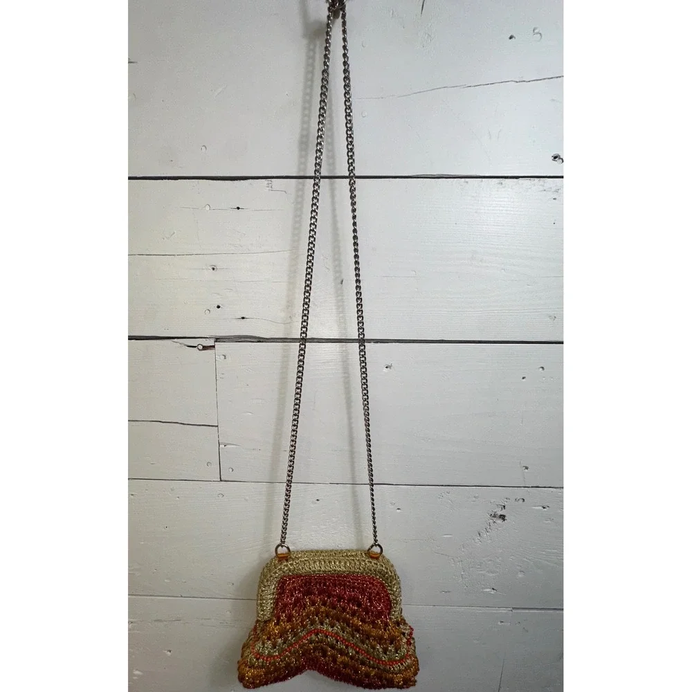 Free People Metallic Crochet Beaded Crossbody Bag Gold Orange Boho Mini Bag